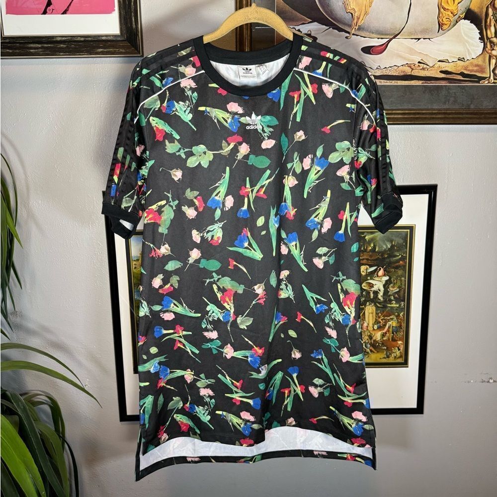 Adidas All Over Floral Print Dress Shirt Women Size Small Black